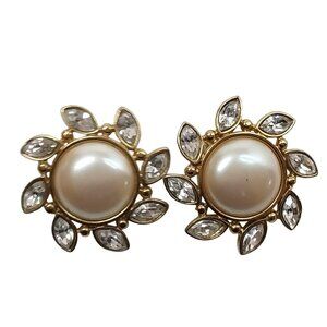 Vintage Monet Gold Faux Pearl Crystal Flower Clip Earrings